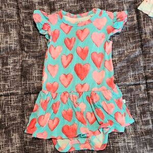 Posh Peanut Aqua & Coral Heart Ruffle Skirt Bodysuit